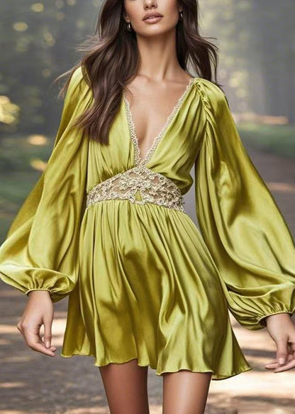 Stylish Green V Neck Patchwork Silk Mid Dress Spring