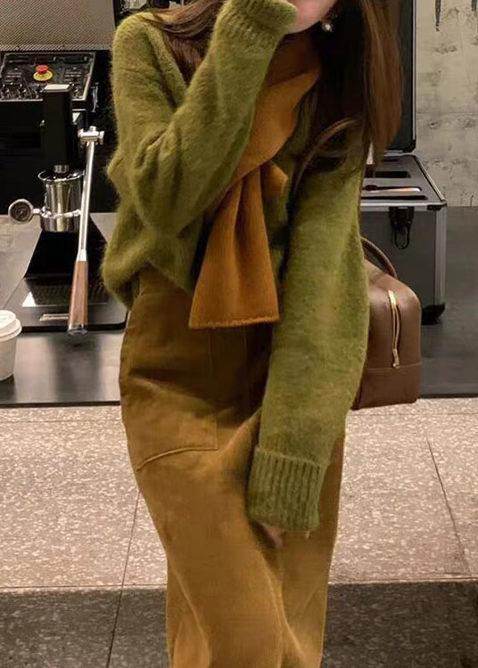 Original Green Cozy Knit Sweaters and Coffee Skirts Two Pieces Set Winter
