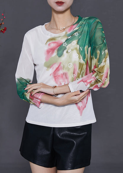 White Print Tulle Blouse Tops Summer