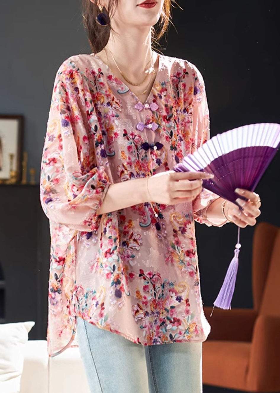 Pink V Neckprint Chiffon Shirt Bracelet Sleeve