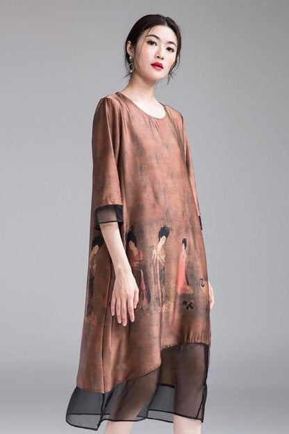 Coffee Quilted Loose Dresses