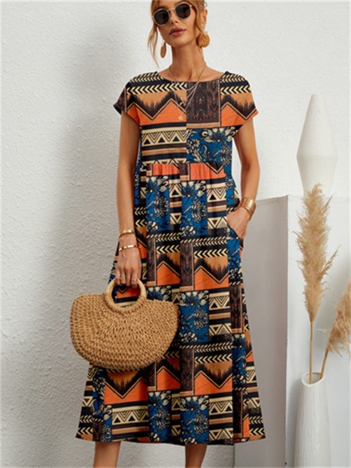 Round Neck Loose Cotton Linen Sleeveless Round Neck Print Dress