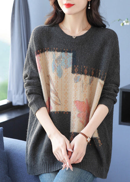 Grey O Neck Print Zircon Woolen Knit Sweaters Spring