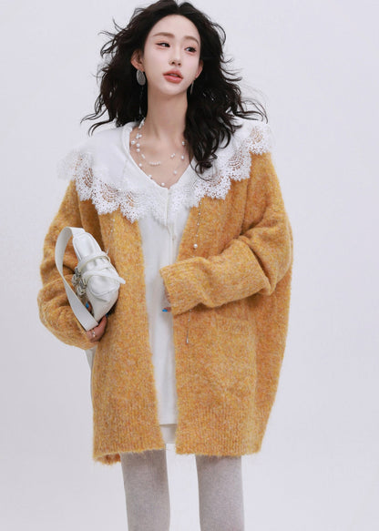 Orange Oversized Pockets Knit Cardigans Winter