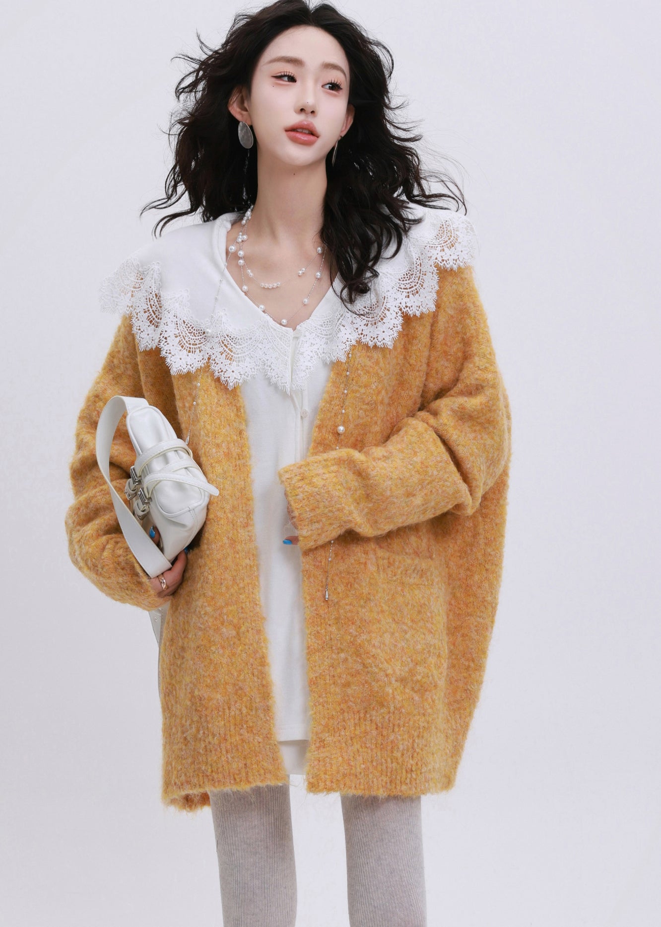 Orange Oversized Pockets Knit Cardigans Winter