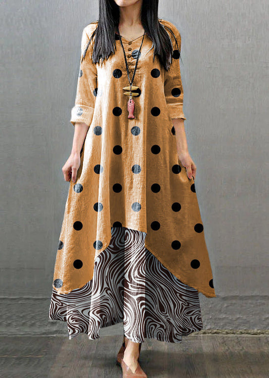 Long Sleeve Double Layers Button Asymmetric Orange Polka Dots Maxi Dress