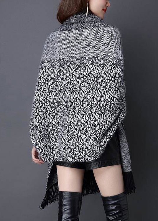 Grey V Neck Tasseled Patchwork Knit Cardigans Fall