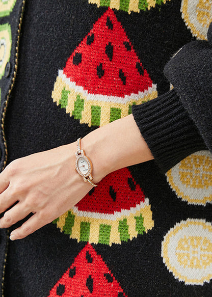 Black Fruit Print Oversized Knit Cardigans Winter