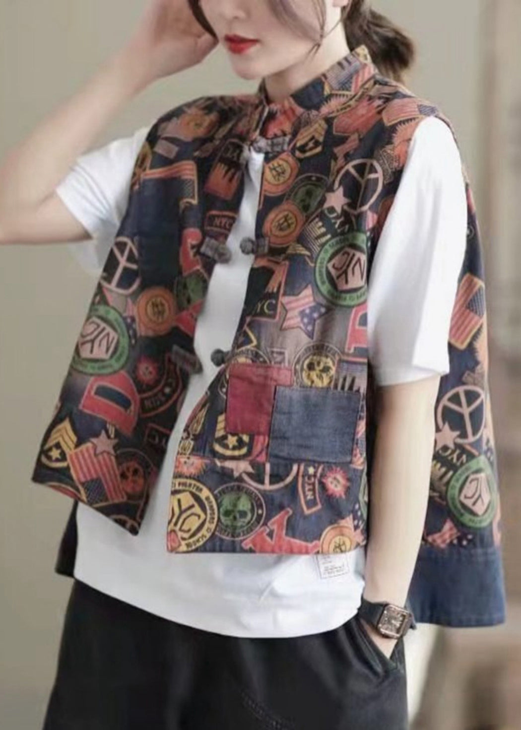 Retro Colour Stand Collar Print Button Low High Design Waistcoat Sleeveless