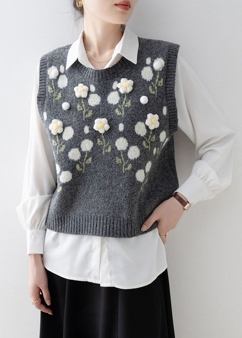 Dark Grey O Neck Knit Vest Sleeveless