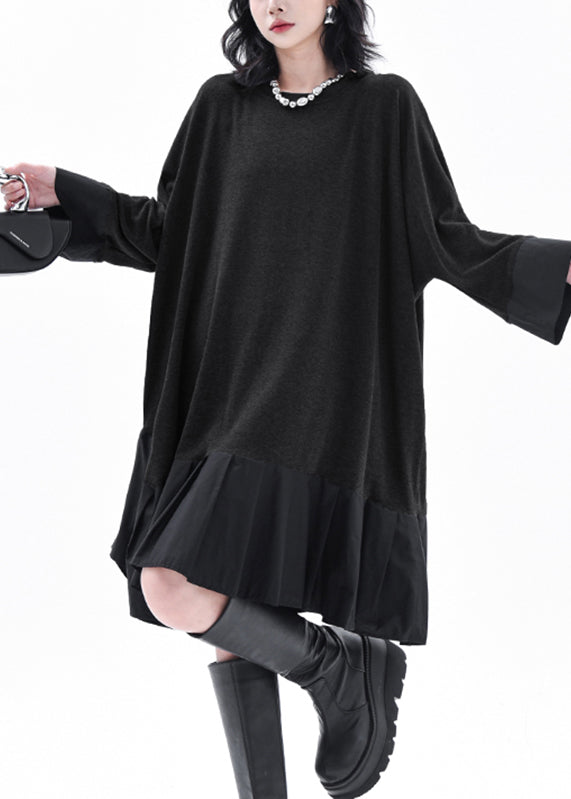 Grey O-neck Patchwork Long Dress Batwing Sleeve