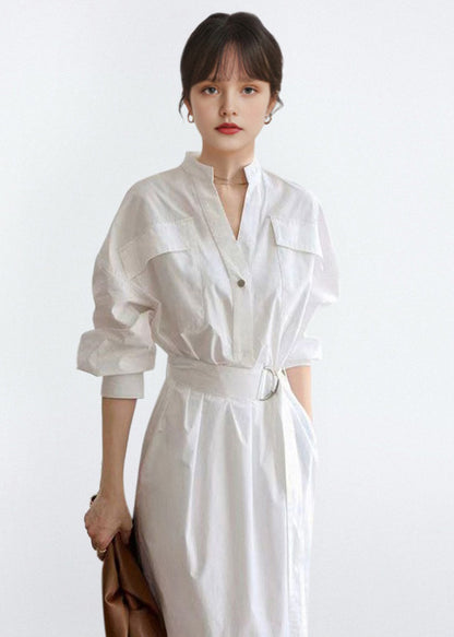 White V Neck Tie Waist Cotton Shirts Dress Fall