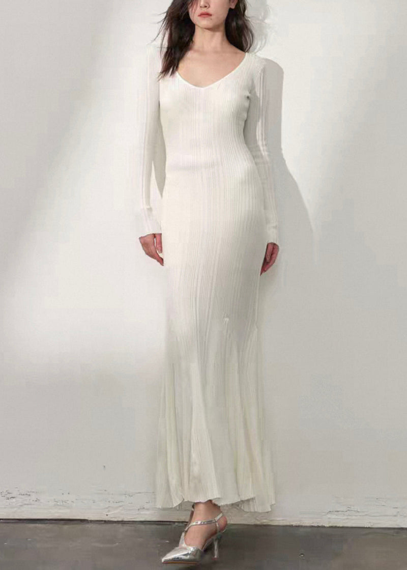 Slim Fit White V Neck Knit Long Dress Fall
