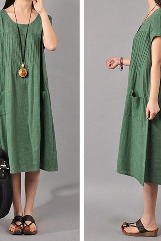 Limited Stock- Cotton Linen Loose Fitting Dress in Green
