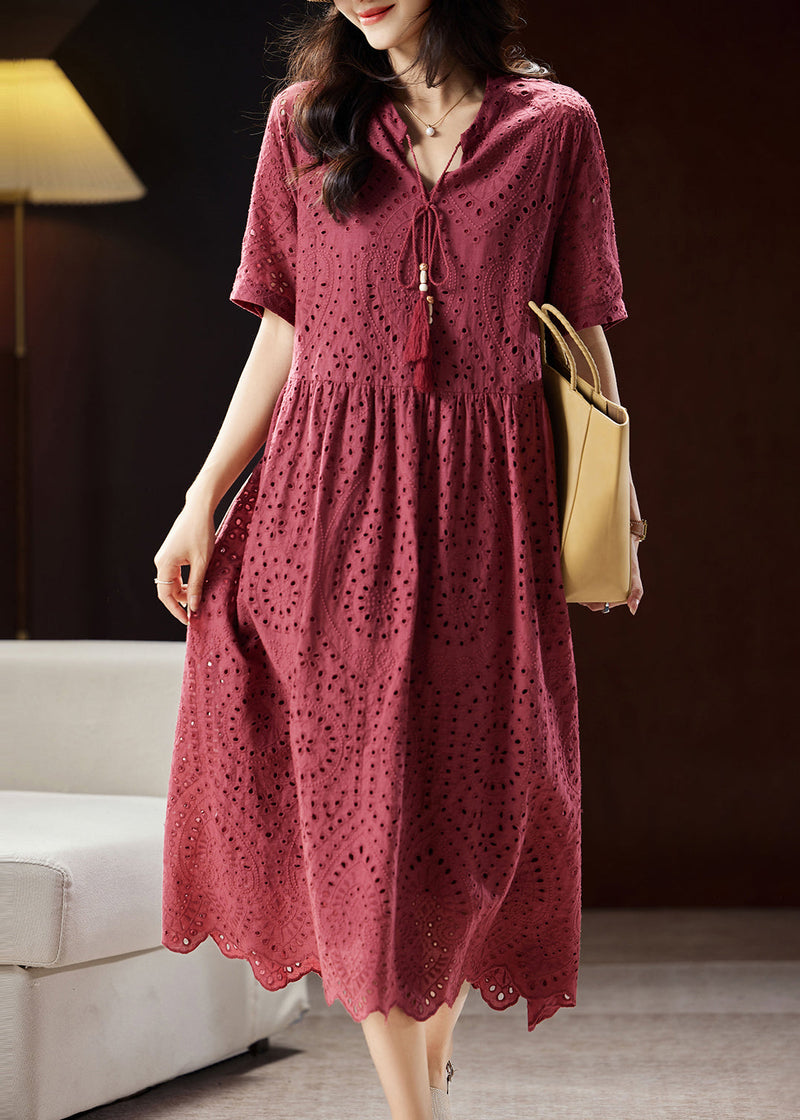 Mulberry V Neck Hollow Out Sashes Cotton Maxi Dress Short Sleeve