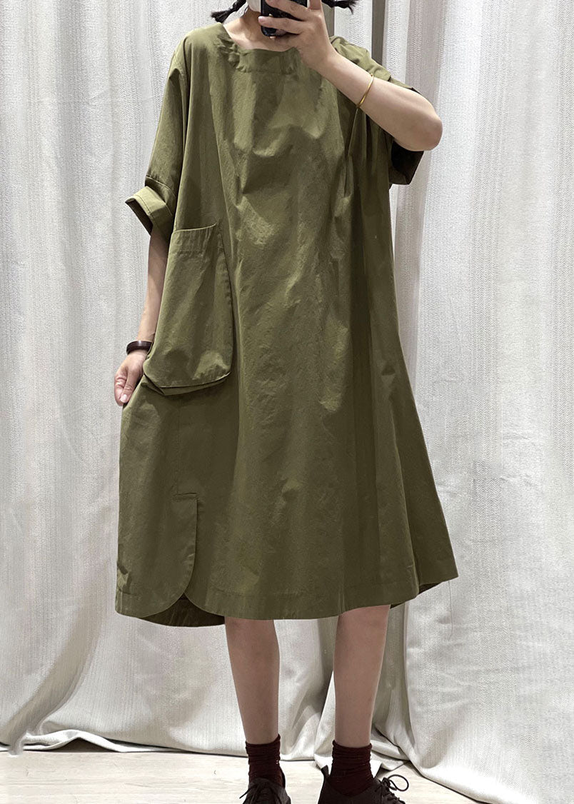 Army Green O Neck Pockets Patchwork Cotton Mid Dress Summer