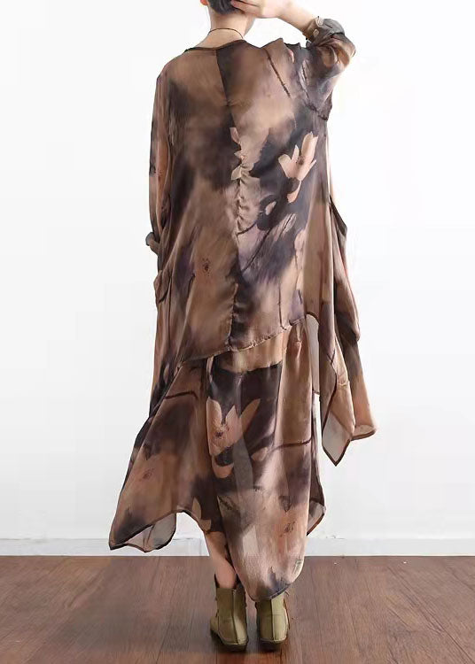 Khaki Asymmetrical Print Silk Cardigans and Dress Two Piece Suit Set Summer