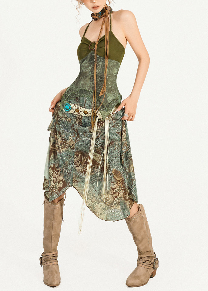 Green Print Top and Maxi Skirts Two Pieces Set Sleeveless