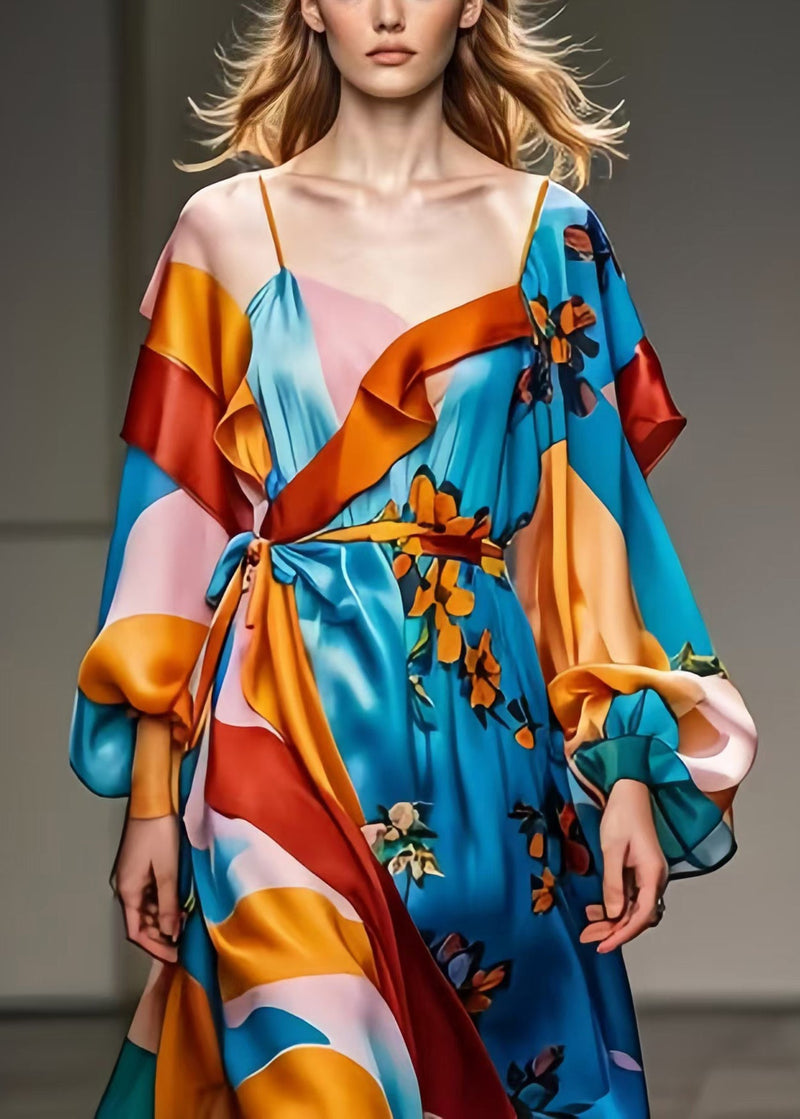 Blue Cinched Print Silk Robe Dresses Spring