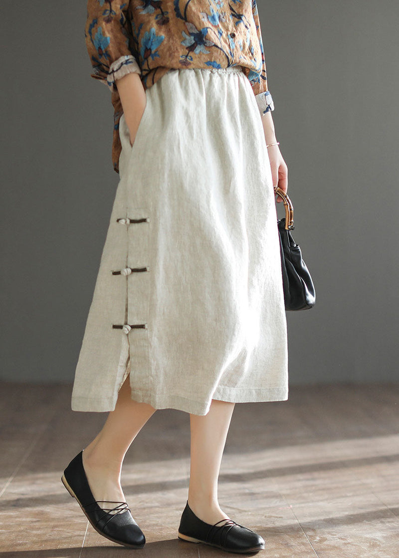 Beige Chinese Button Patchwork Linen Skirts Spring