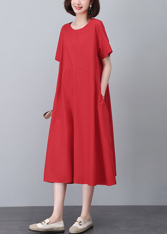 Red Pockets Cotton Dress O Neck Short Sleeve