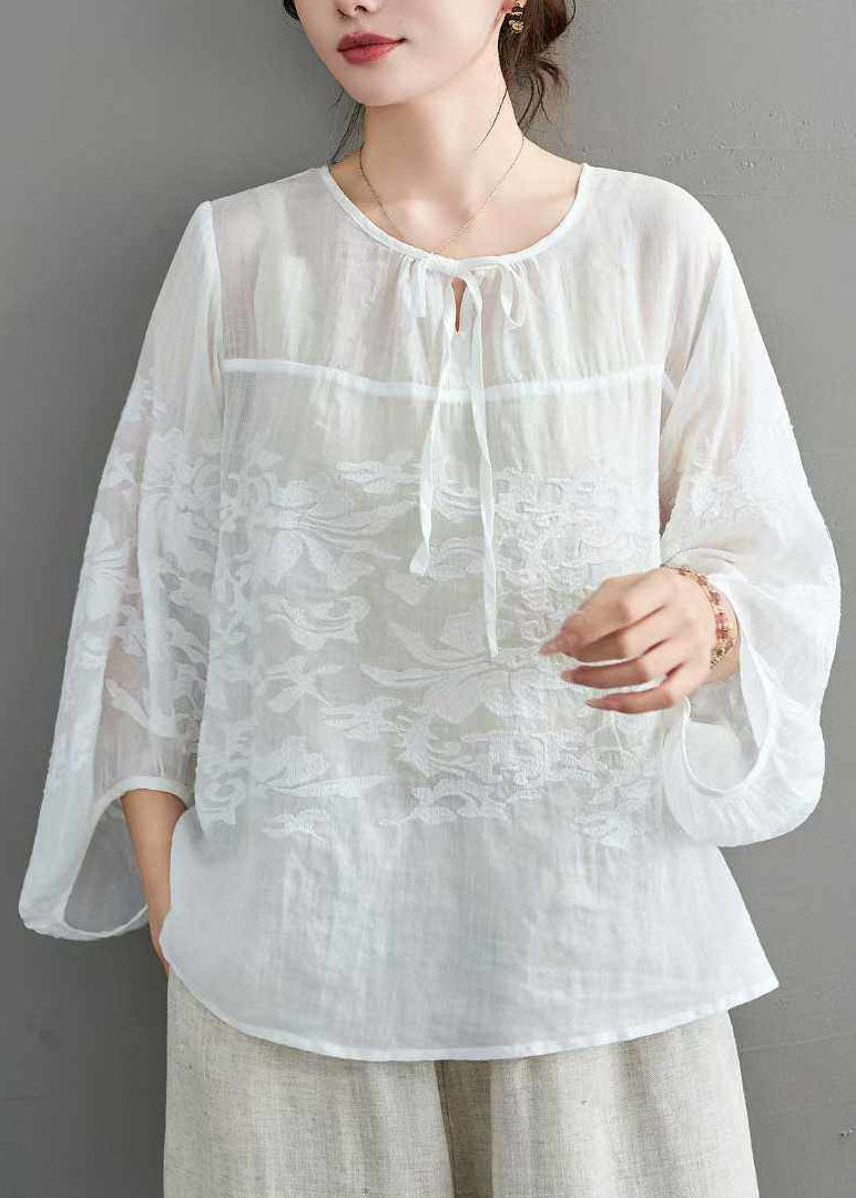 Retro Green Embroidery Lace Up Linen Top Summer