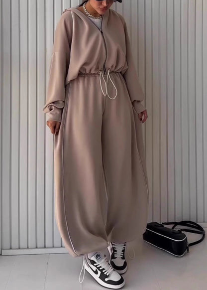 Coffee Hooded Drawstring Coat and Pants Cotton Two Piece Set Fall