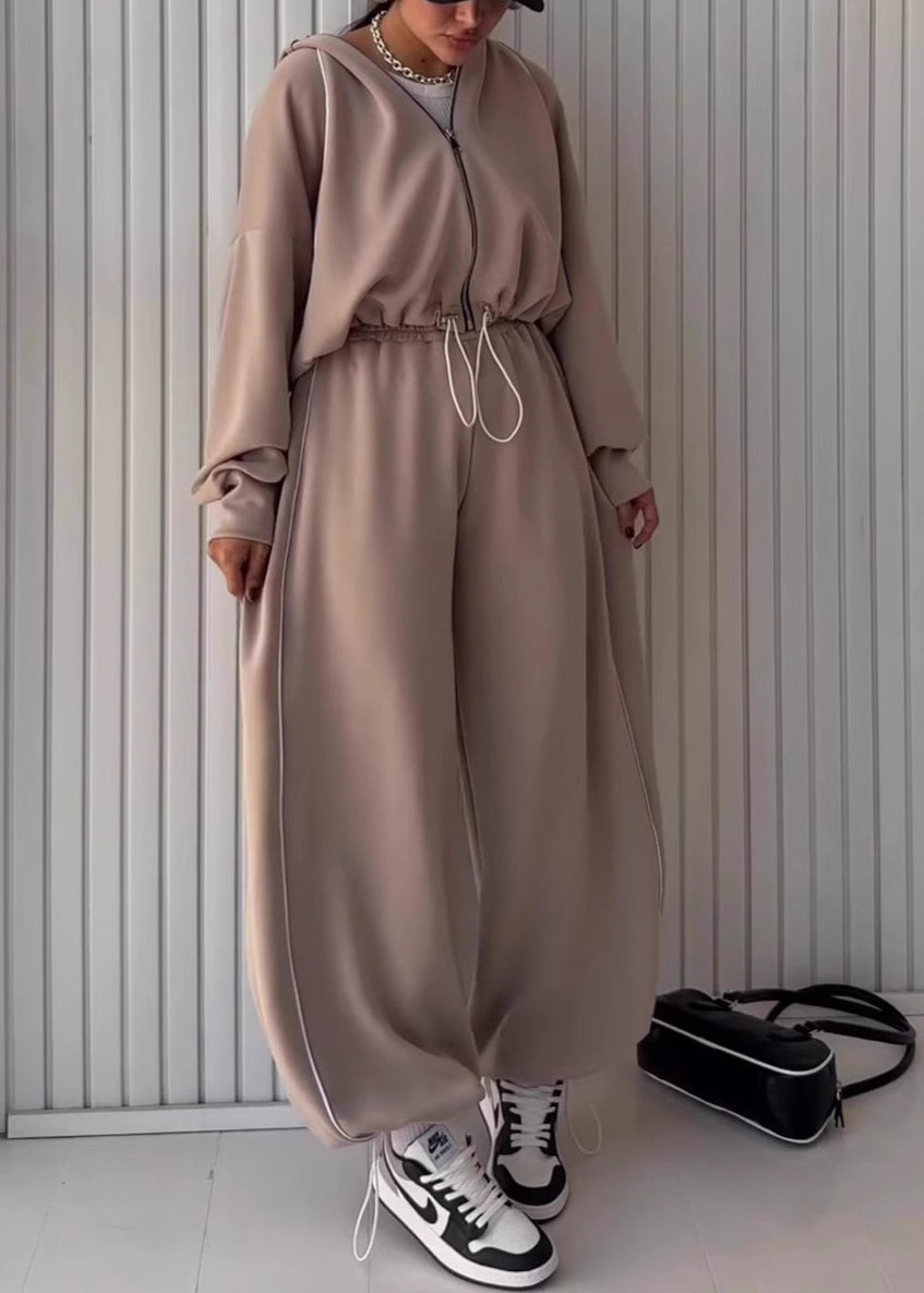 Coffee Hooded Drawstring Coat and Pants Cotton Two Piece Set Fall