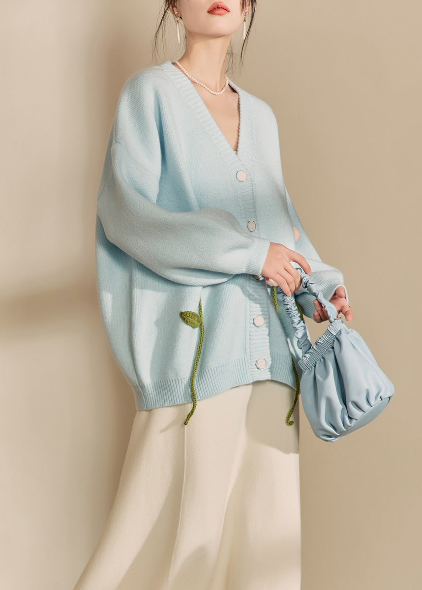 Loose Cozy Blue V Neck Knit Cardigan Fall