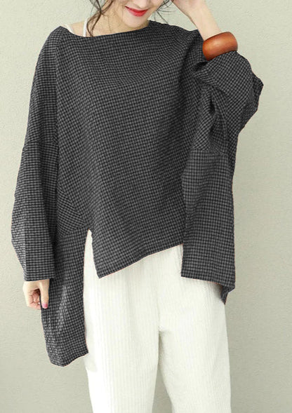 Asymmetric Cotton Fine Work Black Brown Plaid Oversized Tops