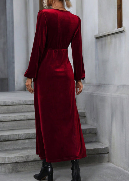 Italian Mulberry V Neck Side Open Velvet Long Dress Fall