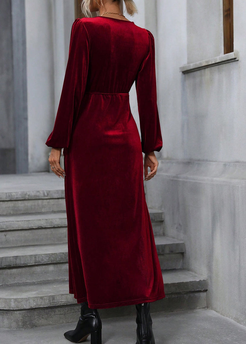 Italian Mulberry V Neck Side Open Velvet Long Dress Fall