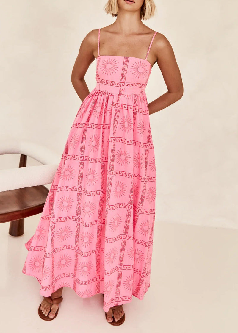 French Pink Print Hollow Out Cotton Spaghetti Strap Dress Summer