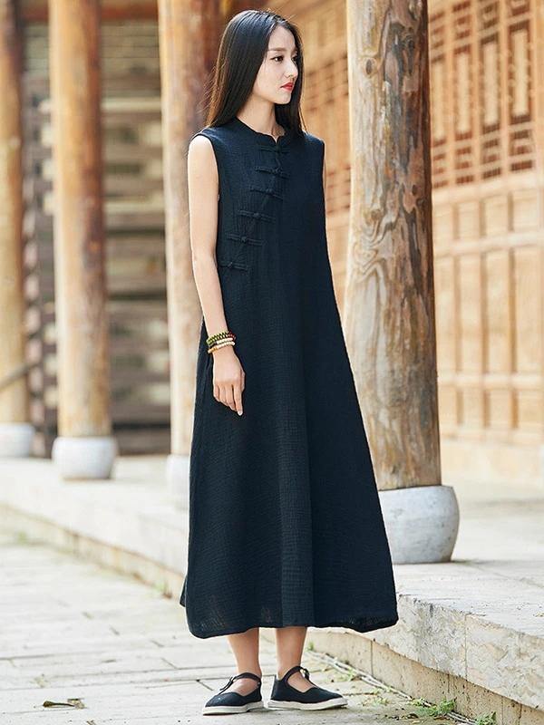 French Stand Collar Chinese Button Cotton Linen Summer Dress Neckline Black Dress