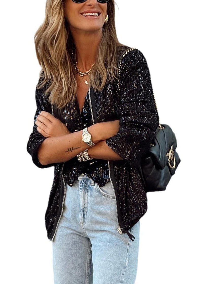 Silver Stand Collar Zip Up Sequins Jackets Fall