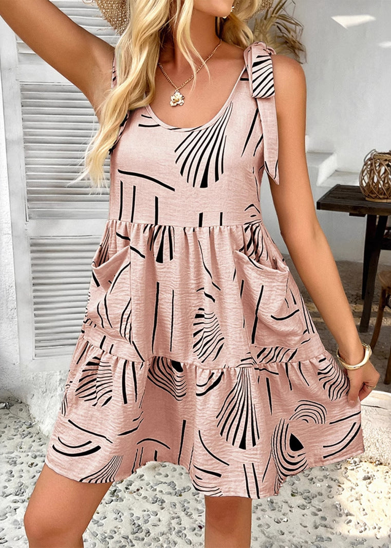 Black Lace Up Print Pockets Spaghetti Strap Dress Summer