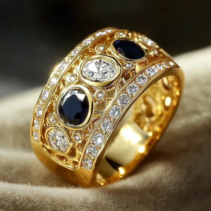 Golden Zirconia Black Crystal Ring
