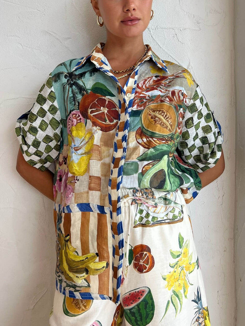 Fruit Print Tropical Shirt Elastic Waist Pocket Wide Leg Pants Suit