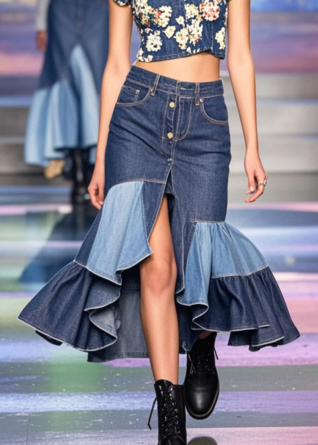 Blue Asymmetrical Patchwork Ruffles Denim Wraped Skirts Spring