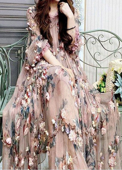 Modern Embroidered Ruffled Tulle Long Dress Lantern Sleeve