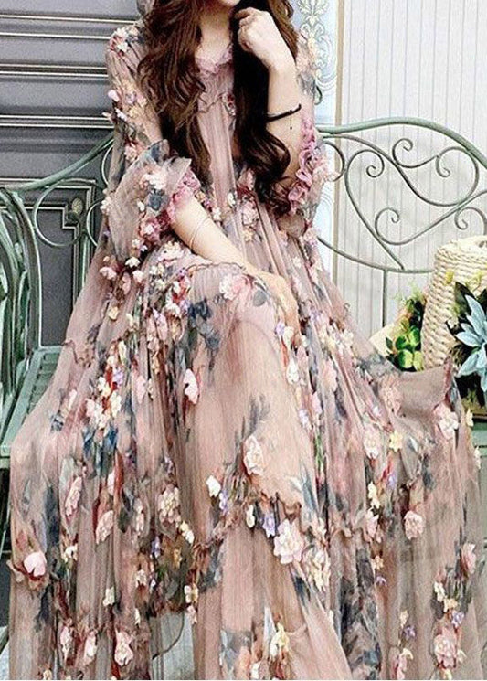 Modern Embroidered Ruffled Tulle Long Dress Lantern Sleeve
