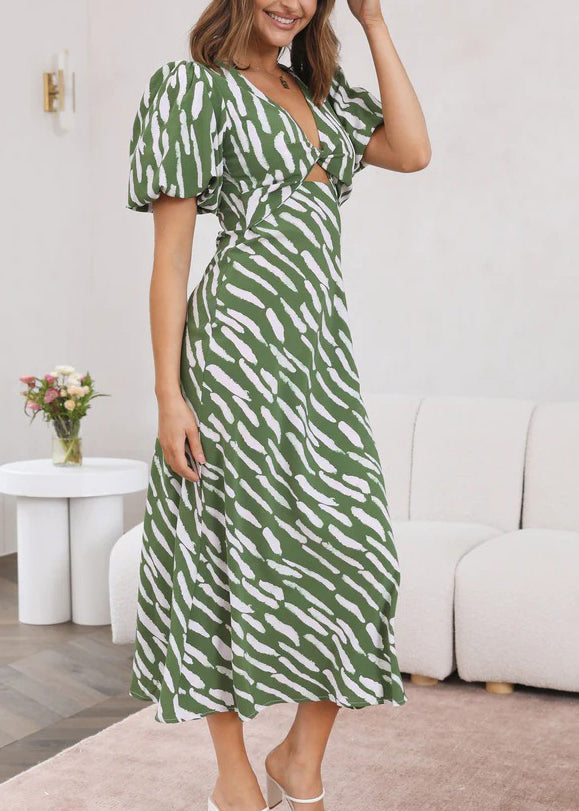 Fine Orange V Neck Puff Sleeve Print Cotton Vacation Dresses