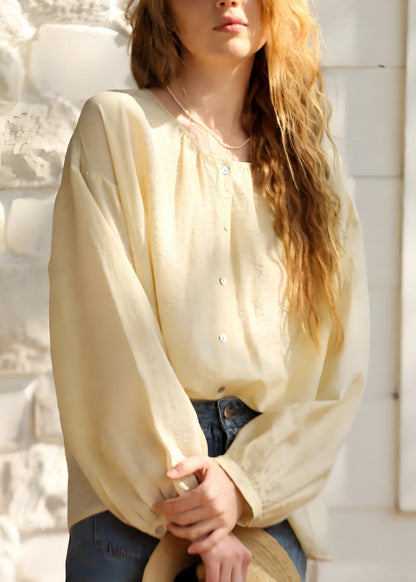Yellow O Neck Button Cotton Shirts Tops Spring
