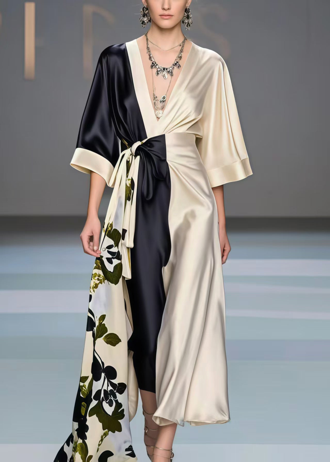 Colorblock Asymmetrical Patchwork Silk Vacation Dresses Bracelet Sleeve
