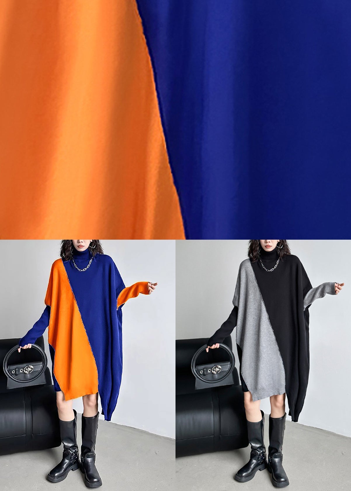 Black Asymmetrical Patchwork Knit Sweater Dress Turtleneck Winter