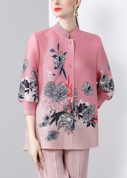 Pink Stand Collar Print Button Silk Coats Fall