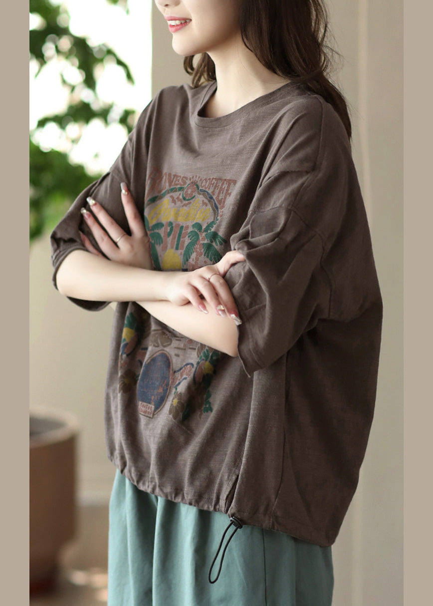 Coffee O-neck Patchwork Cozy Cotton T Shirt Summer