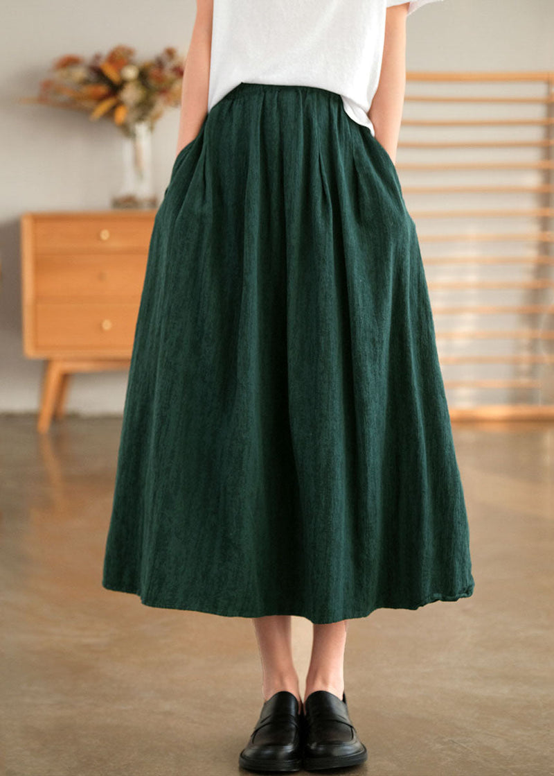 Blackish Green Elastic Waist Cotton Skirt