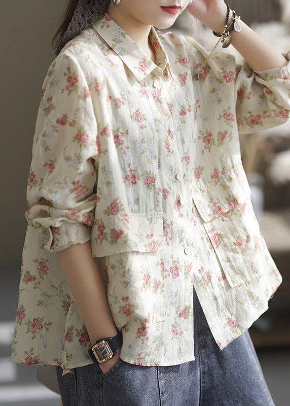 Apricot Peter Pan Collar Print Patchwork Button Linen Shirt Long Sleeve