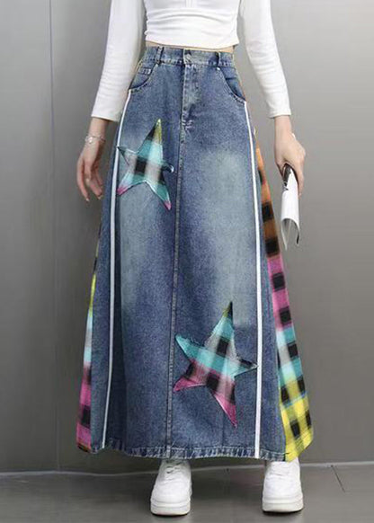 Blue Plaid Patchwork Patch Denim Maxi Skirts Spring